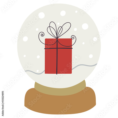 Snow globe with red gift box and snowfall. Merry christmas glass ball.