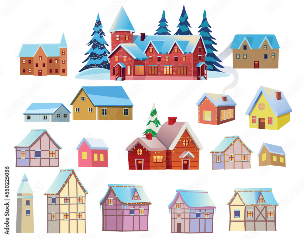 Set of christmas houses in the snow.set of elements for christmas design. Roofs covered in snow, snowy Christmas trees and garlands. Vector cartoon style.