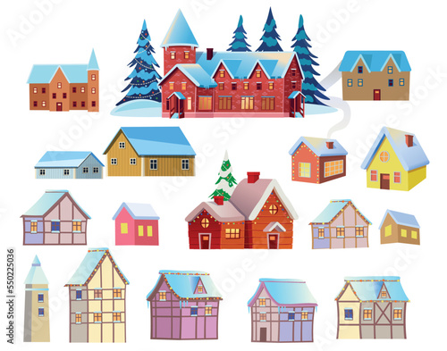 Set of christmas houses in the snow.set of elements for christmas design. Roofs covered in snow, snowy Christmas trees and garlands. Vector cartoon style.