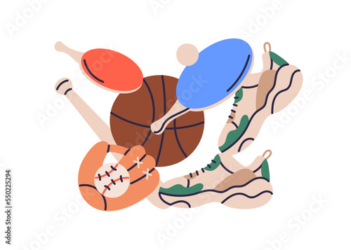 Sport stuff, accessories composition. Sneakers, fitness equipment for physical training. Gym supplies, items, trainers, ball, baseball beat. Flat vector illustration isolated on white background