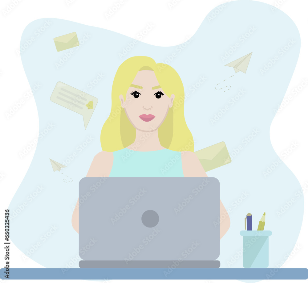 Woman with laptop. Home office concept. Vector illustration for cards, posters, flyers, webs. Woman with laptop. Home office concept. Vector illustration for cards, posters, flyers, webs.