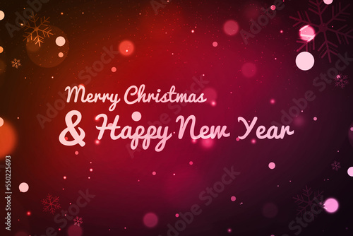 Merry Christmas and happy new year wallpaper with glowing blur lights, snowflakes and typography. Trendy and elegant new year concept backdrop