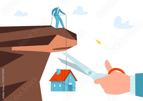 Concept debtor standing edge cliff hold personal house, debt mortgage loan flat vector illustration, businessman scissors cut.