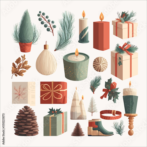 Christmas decorations boho set. Winter holiday elements, stuff bundle. Flat  illustrations isolated on white background