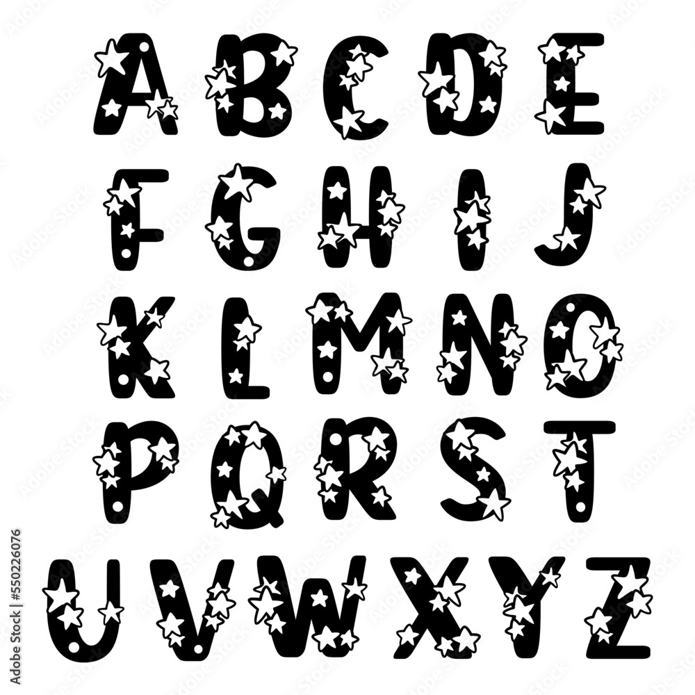 Cute Decorative Font Alphabet with Stars funny theme.