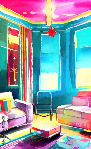 Merry Christmas living room cozy decoration. New year interior in warm bright colors. Christmas illustration. Digital watercolor and acrylic mixed painting art. Greeting or postcard design background