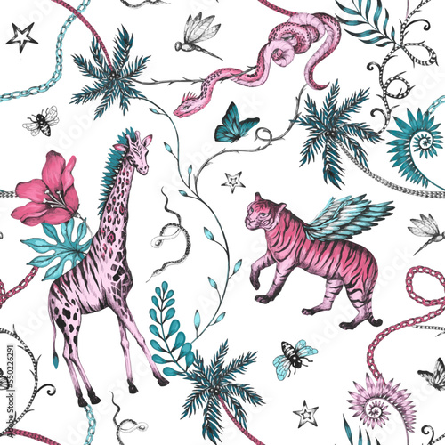 Bild auf Leinwand Beautiful vector trendy seamless pattern with hand drawn chimera animals birds insects and fantasy plants