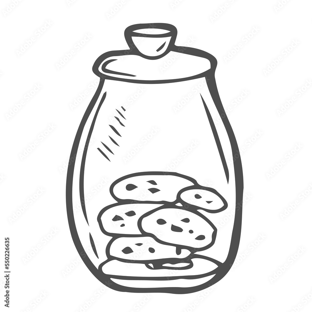 Hand drawn illustration glass jar and cookies. Creative ink art work. Actual vector drawing bake Hand drawn illustration glass jar and cookies. Creative ink art work. Actual vector drawing bake
