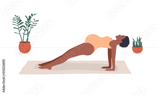 Dark skinned pregnant woman exercising during pregnancy. Mom with belly practicing prenatal yoga in reverse plank pose. Vector illustration isolated on white background 