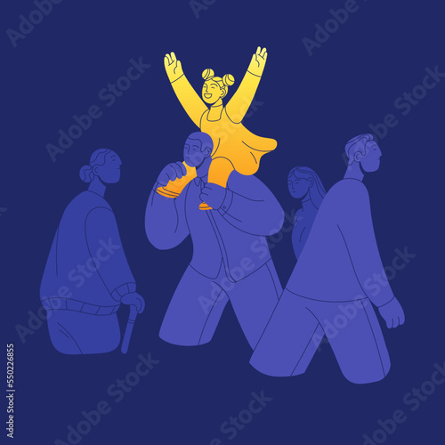 Cute happy careless kid sitting on shoulders. Carefree joyful excited girl standing out from crowd. Kids childish positive emotion of joy. Happiness, childhood concept. Flat vector illustration