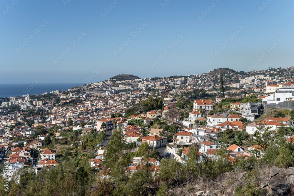 aerial cityscape of historical hilly town on Atlantic ocean, Funchal, Madeira