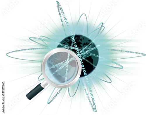 A binary network data online privacy code concept with a world globe surrounded by binary information and a magnifying glass searching it