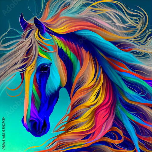 Stunning colourful fine art. Gorgeous horse with flowing mane. Generated by Ai, is not based on any original image, character or person