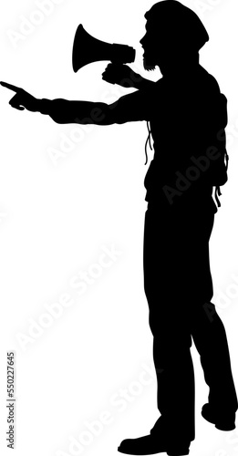Protestor or demonstrator at a demonstration march, picket line or strike protest rally in silhouette. Using a megaphone, mega phone or bullhorn.