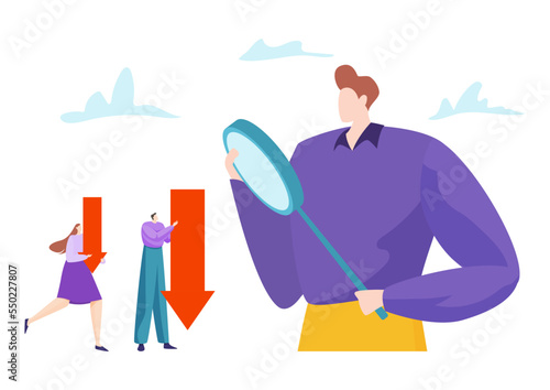 Finance failure project, tiny character business people together hold arrow, leader magnifying glass flat vector illustration, isolated on white.