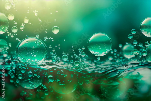 Trendy summer nature banner. Defocused aqua-mint liquid colored clear water surface texture with splashes bubbles with copy space. Water waves in sunlight background