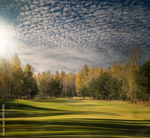 Golf course, landscape, green grass on the background of a forest and a bright sky with clouds