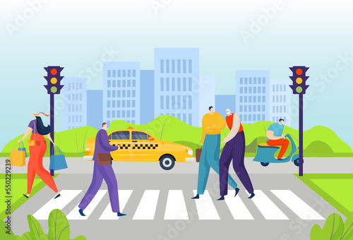 Young male character help to old man crossing street, volunteer person pedestrian elderly people flat vector illustration.