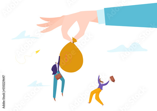 Businessman hold money bag, tiny character investor high risk stock market investing flat vector illustration, isolated on white.