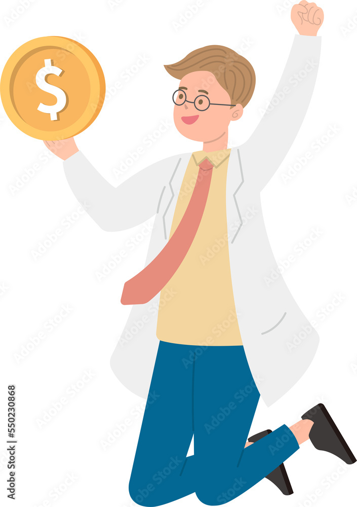 Paramedic or doctor or nurse man in physician gown and glasses happy jumping with coins Paramedic or doctor or nurse man in physician gown and glasses happy jumping with coins