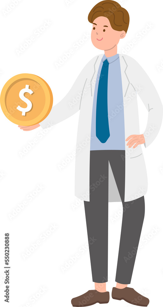 Paramedic or doctor or nurse man in physician gown with coins Paramedic or doctor or nurse man in physician gown with coins