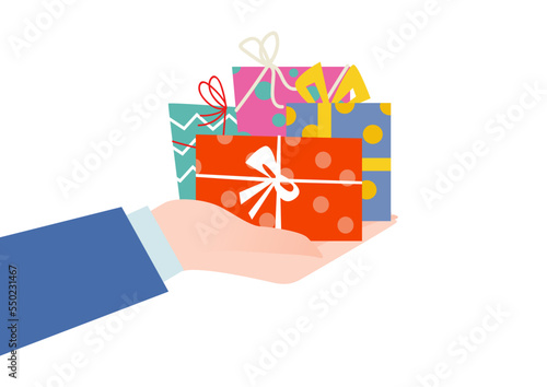 Hand in business suit hold festive gift package, happy birthday gift banner loyalty program flat vector illustration, isolated on white.