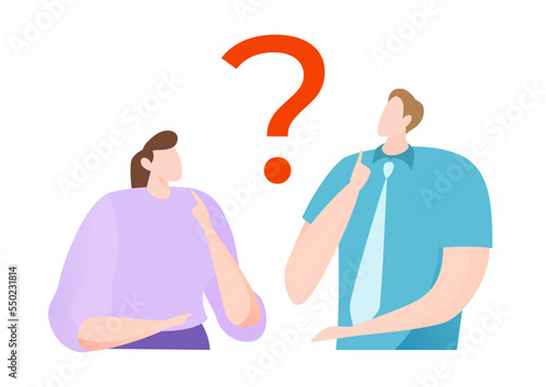 Male and female character people together think, brainstorming creative business idea flat vector illustration, isolated on white.