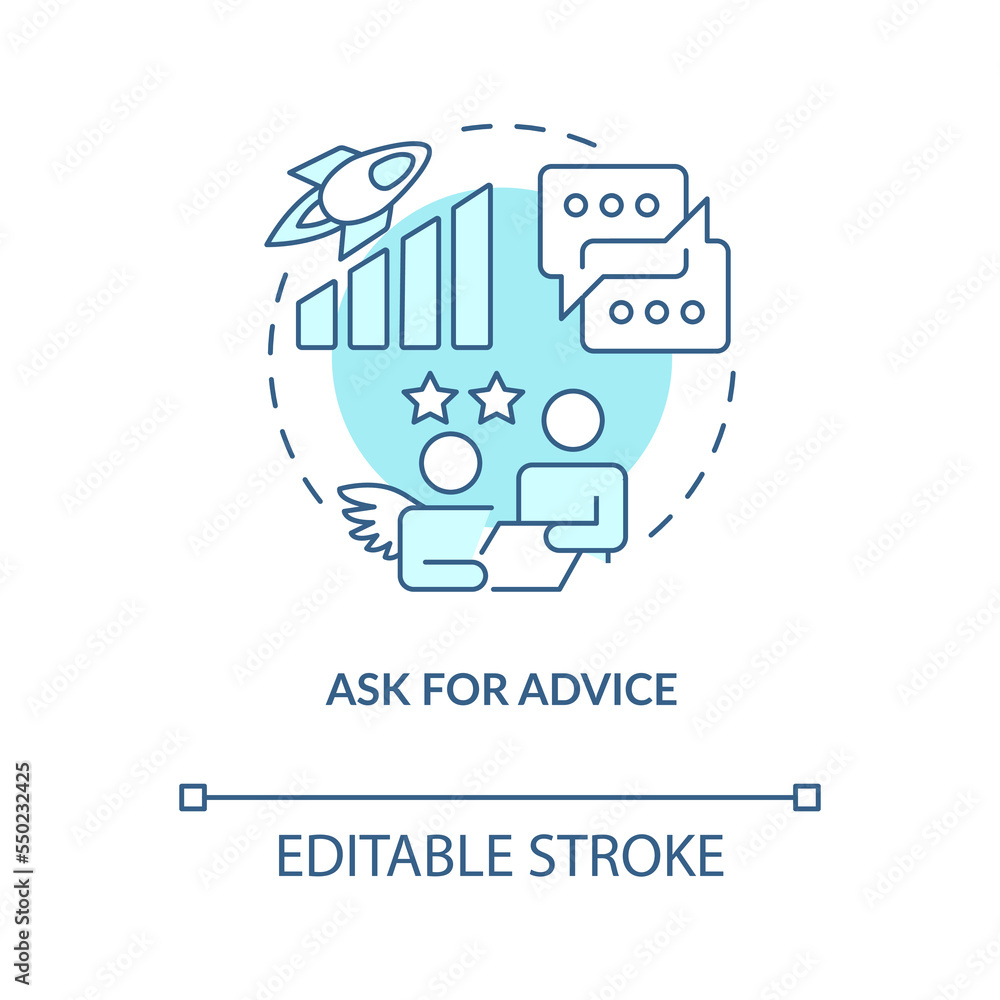 Ask for advice concept turquoise icon. Building business relations. Angel investors abstract idea thin line illustration. Isolated outline drawing. Editable stroke. Arial, Myriad Pro-Bold fonts used Ask for advice concept turquoise icon. Building business relations. Angel investors abstract idea thin line illustration. Isolated outline drawing. Editable stroke. Arial, Myriad Pro-Bold fonts used
