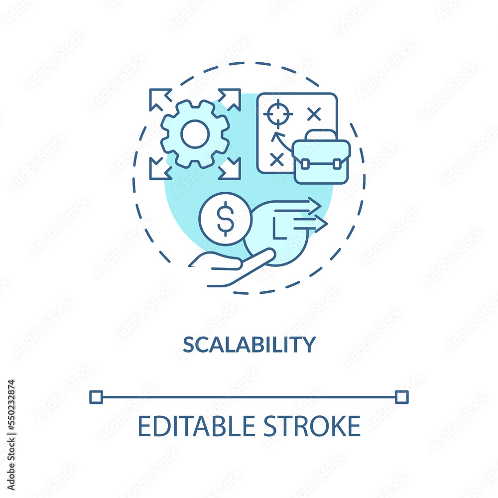 Scalability concept turquoise icon. Expand business opportunities abstract idea thin line illustration. Isolated outline drawing. Editable stroke. Arial, Myriad Pro-Bold fonts used Scalability concept turquoise icon. Expand business opportunities abstract idea thin line illustration. Isolated outline drawing. Editable stroke. Arial, Myriad Pro-Bold fonts used