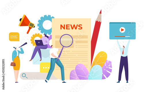 Group of tiny people character male hold magnifying glass, newspaper broadcast flat vector illustration, isolated on white.
