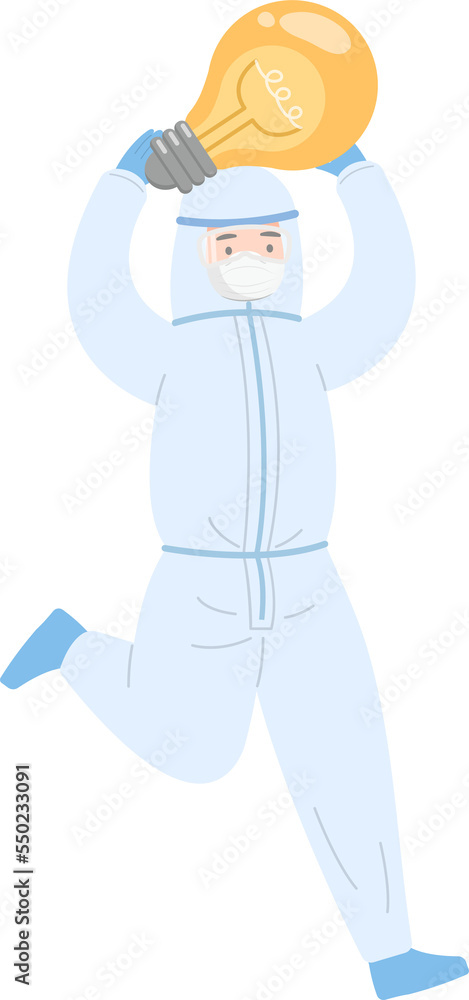 Paramedic or doctor or nurse wearing isolation gown with hands up with medical mask and light bulb with idea Paramedic or doctor or nurse wearing isolation gown with hands up with medical mask and light bulb with idea