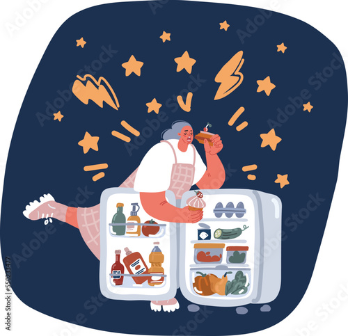 Cartoon vector illustration of woman greedily eats big peace of cake in the night near open refrigerator