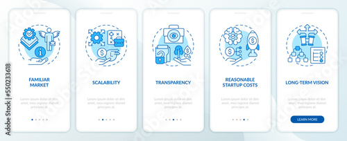 Startup traits blue onboarding mobile app screen. Attract investors walkthrough 5 steps editable graphic instructions with linear concepts. UI, UX, GUI template. Myriad Pro-Bold, Regular fonts used