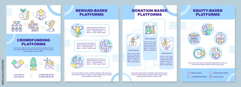 Crowdfunding platforms blue brochure template. Invest startup. Leaflet design with linear icons. Editable 4 vector layouts for presentation, annual reports. Arial-Black, Myriad Pro-Regular fonts used Crowdfunding platforms blue brochure template. Invest startup. Leaflet design with linear icons. Editable 4 vector layouts for presentation, annual reports. Arial-Black, Myriad Pro-Regular fonts used