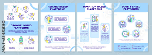 Crowdfunding platforms blue brochure template. Invest startup. Leaflet design with linear icons. Editable 4 vector layouts for presentation, annual reports. Arial-Black, Myriad Pro-Regular fonts used