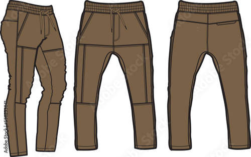 Chino Joggers Pant Front and Back View. Fashion Illustration, Vector, CAD, Technical Drawing, Flat Drawing.