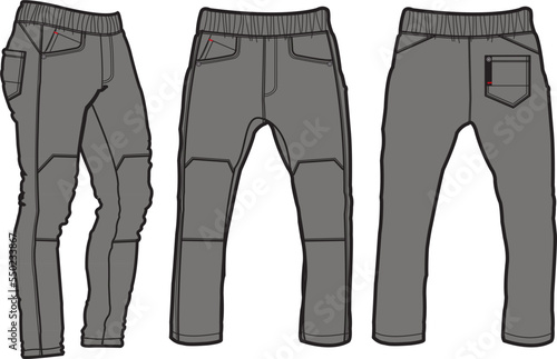 Chino Joggers Pant Front and Back View. Fashion Illustration, Vector, CAD, Technical Drawing, Flat Drawing.