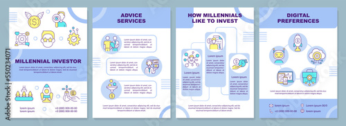 Millennial investors violet brochure template. Emerging market. Leaflet design with linear icons. Editable 4 vector layouts for presentation, annual reports. Arial-Black, Myriad Pro-Regular fonts used
