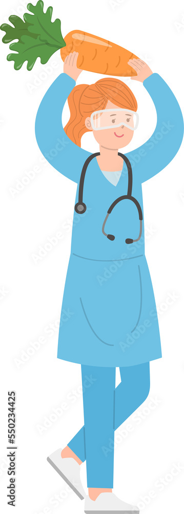 Paramedic or doctor or nurse woman raising hand with carrot or produce