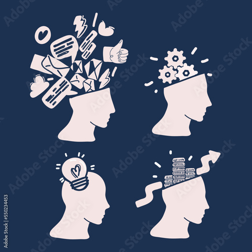 Cartoon vector illustration of Human head with gear inside, Human head with lamp bulb, Gear with coin inside, messaging online trash inside. Black and white. photo