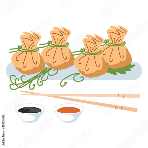 Fried dumplings wontons on a white background. Asian food. Vector illustration for restaurants, menus, decor