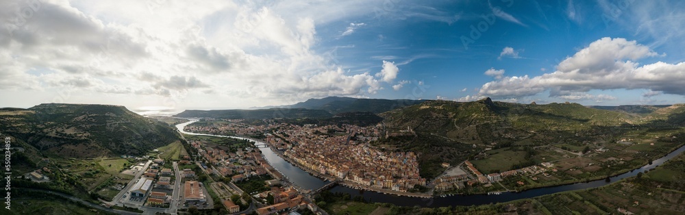 Bosa village and river panoramic aerial view