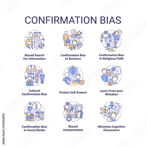 Confirmation bias concept icons set. Decision making. Barrier to critical thinking idea thin line color illustrations. Isolated symbols. Editable stroke. Roboto-Medium, Myriad Pro-Bold fonts used