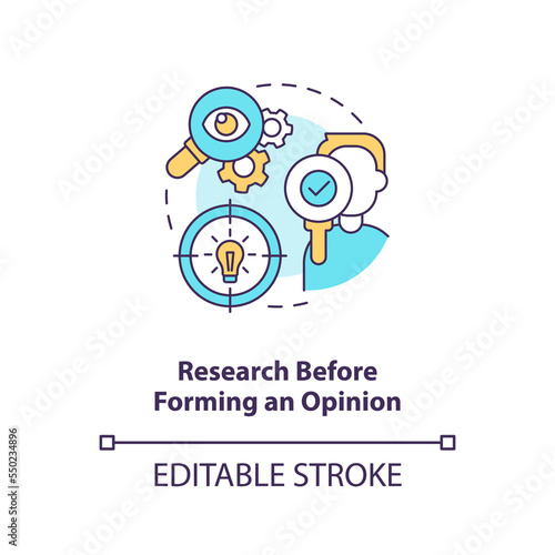 Research before forming opinion concept icon. Overcoming confirmation bias tip abstract idea thin line illustration. Isolated outline drawing. Editable stroke. Arial, Myriad Pro-Bold fonts used