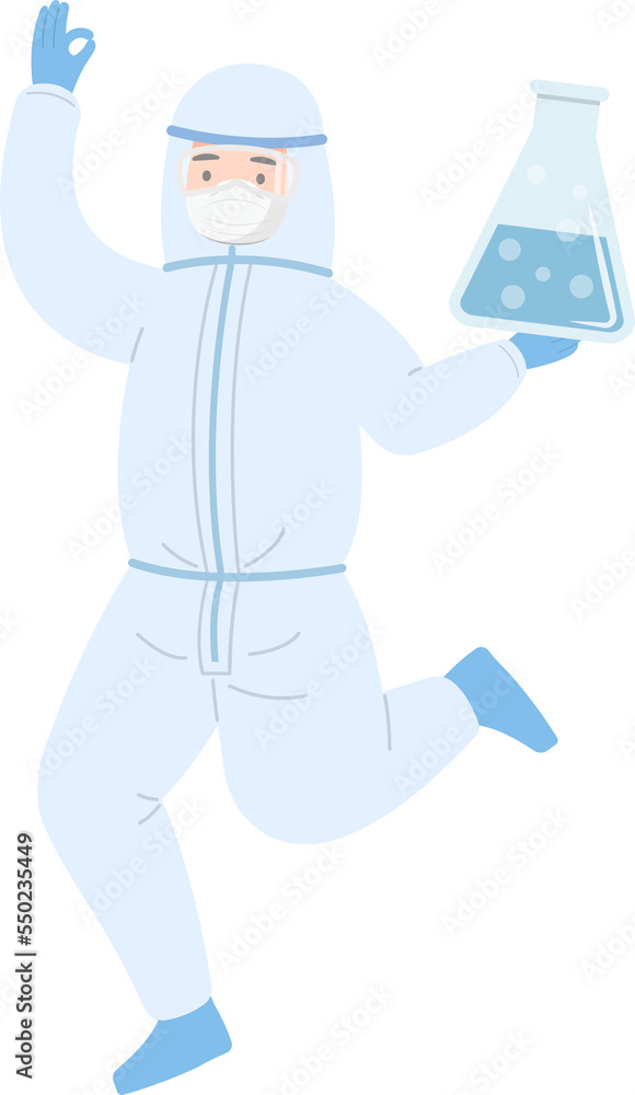 Medical worker or doctor or scientist in isolation gown showing ok gesture with glass beaker, experiment and chemistry Medical worker or doctor or scientist in isolation gown showing ok gesture with glass beaker, experiment and chemistry