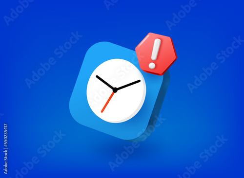 Clock icon with exclamation point pictogram. Vector 3d illustration