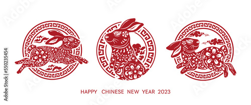 Chinese new year 2023 year of the rabbit. Set of Lunar new year red rabbit zodiac in circle sign on white background design concept. Vector illustration