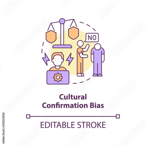 Cultural confirmation bias concept icon. Cognitive prejudice example in recruitment abstract idea thin line illustration. Isolated outline drawing. Editable stroke. Arial, Myriad Pro-Bold fonts used
