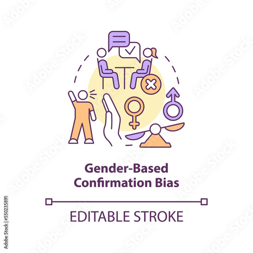 Gender-based confirmation bias concept icon. Cognitive prejudice example in hiring abstract idea thin line illustration. Isolated outline drawing. Editable stroke. Arial, Myriad Pro-Bold fonts used