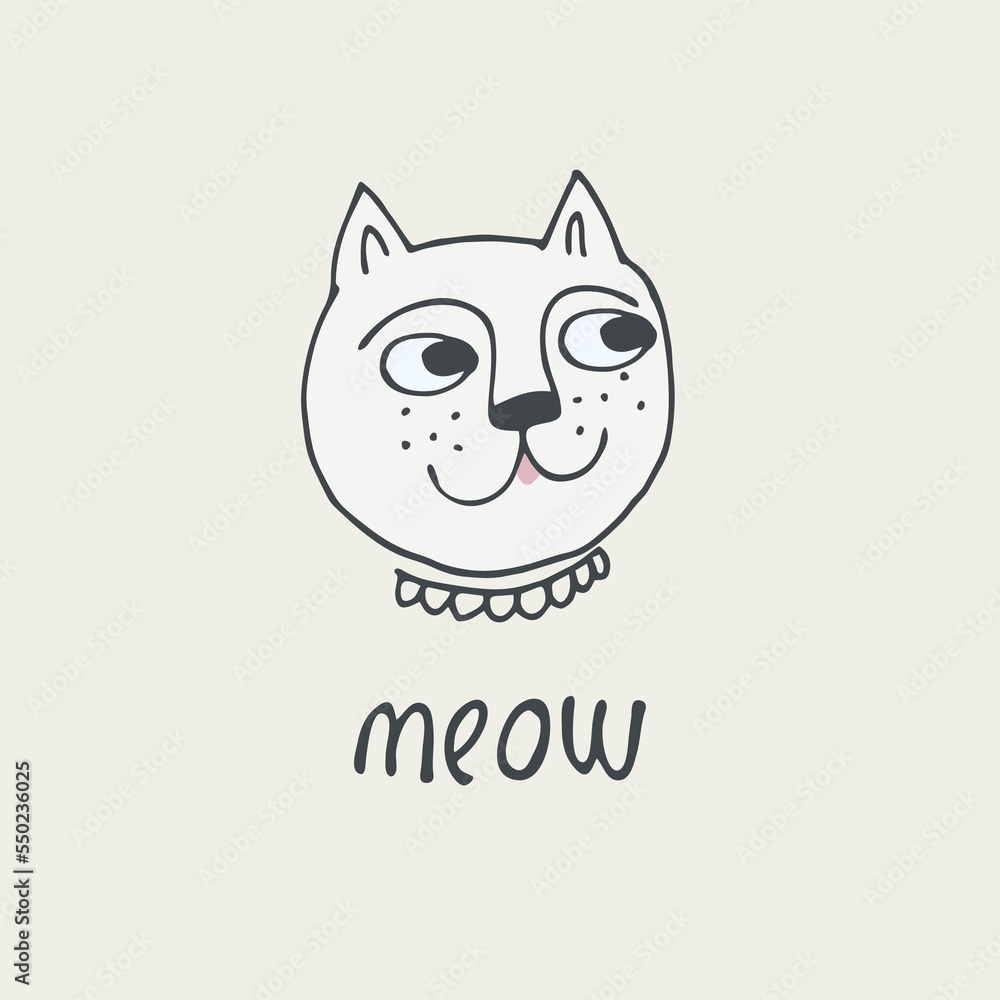 Print with funny cat, avatar, lettering meow and hearts. Valentine s day concept. Perfect for kids. Made of vector illustrations in cartoon, sketch style Print with funny cat, avatar, lettering meow and hearts. Valentine s day concept. Perfect for kids. Made of vector illustrations in cartoon, sketch style